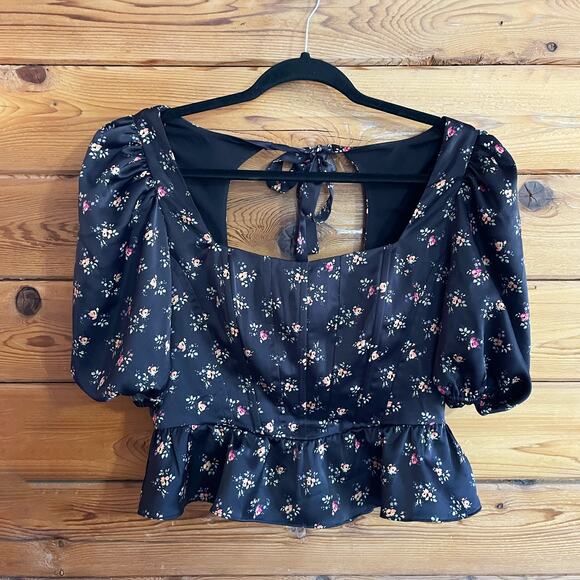 WAYF Juliet Floral Corset Top Sz M Black Satin Smocked Open Back Peplum Pullover - Picture 2 of 7